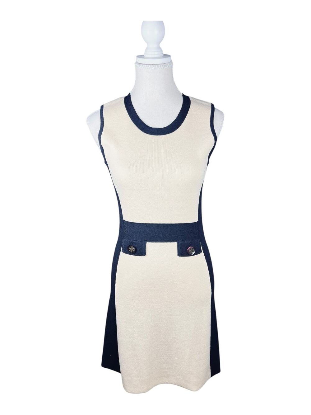Tory Burch Cream Navy Colorblock Knit Dress Medallion Buttons Sleeveless S